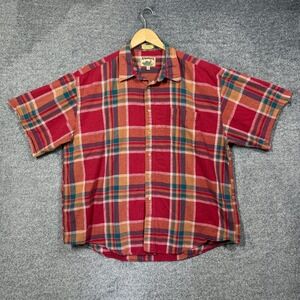Vintage Adirondack Shirt Mens XXL Linen Blend Plaid Red Short Sleeve Savile Row